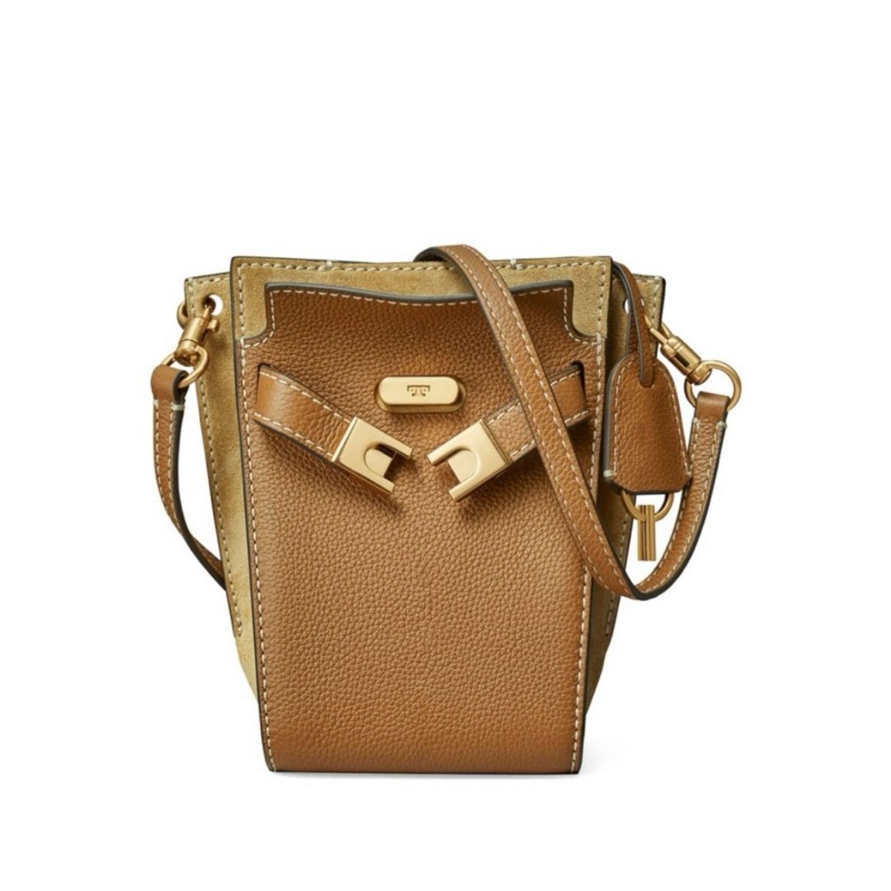 Tory Burch Lee Radziwill Tan and Gold Shoulder/ crossbody bucket Bag - Picture 14 of 16